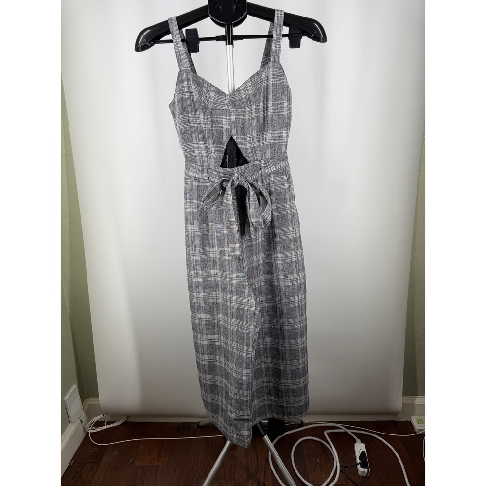 The Vintage Shop Grey Plaid Wide Leg Cutout Jumpsuit Sleeveless Tie S